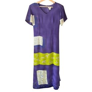 Kamal Vintage Y2K Sheath Chiffon Maxi Dress. Side Slits. Purple Patch Floral M